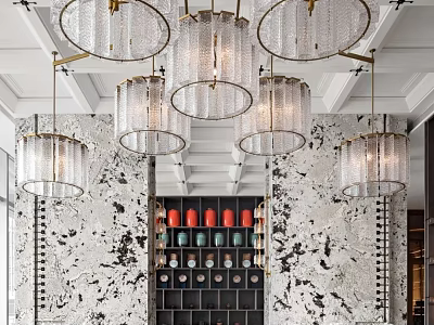 Elegant Restaurant Interior With Crystal Chandeliers Marble Walls And Wine Racks 3d model