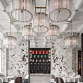 Elegant Restaurant Interior With Crystal Chandeliers Marble Walls And Wine Racks