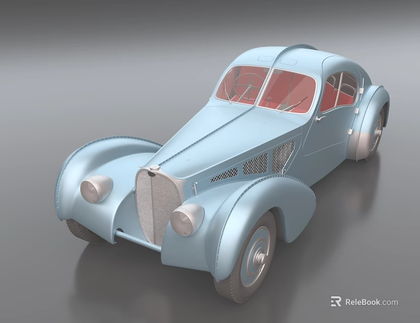 Light Blue Classic Vintage Car With Streamlined Design Red Interior And Chrome Grille 3d model 