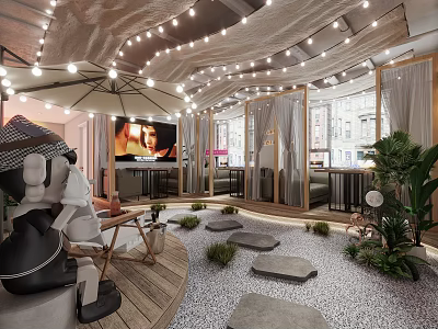 Modern Bar Interior With String Lights Greenery And Art Sculpture 3d model