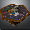 Unique Octagonal Wooden Table With Colored Symbols And Central Decorative Design