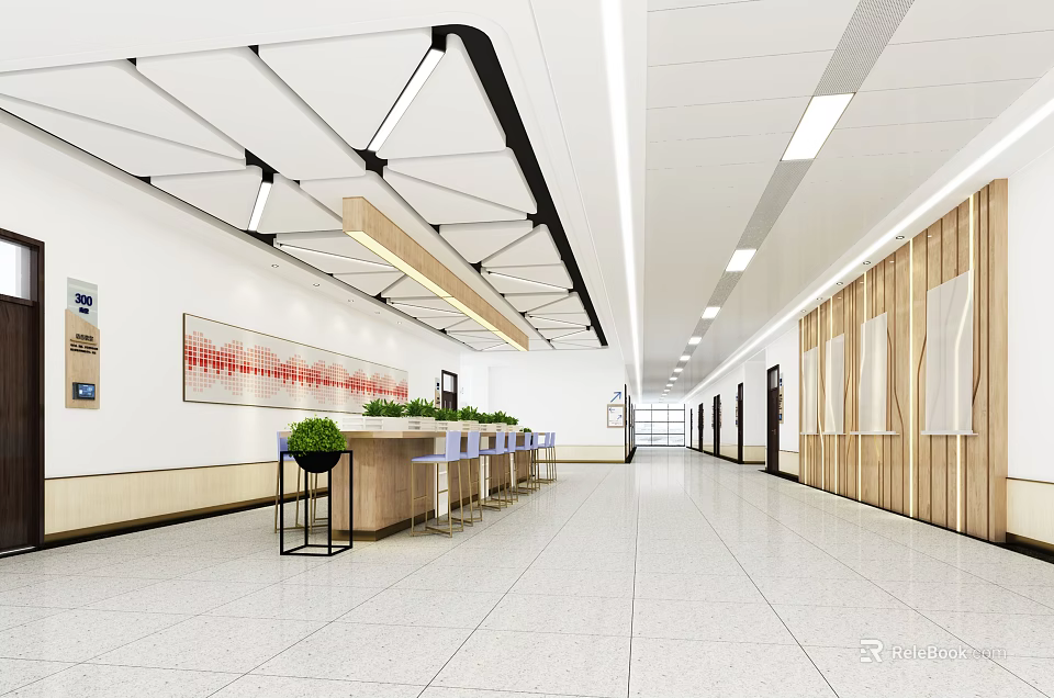 Modern Elevator Hallway With White Ceiling Wooden Walls Green Plants And Tile Flooring 3d model 