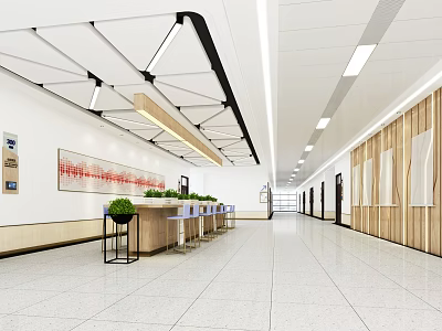 Modern Elevator Hallway With White Ceiling Wooden Walls Green Plants And Tile Flooring 3d model