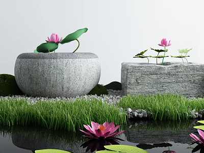 Garden Ornaments With Stone Containers Pink Lotus Flowers Lily Pads Green Grass And Water Reflection 3d model