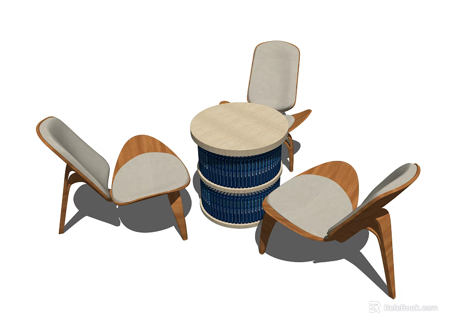 Modern Round Table and Chair Set With Woven Blue Base Light Top And Wooden Legs 3d model 