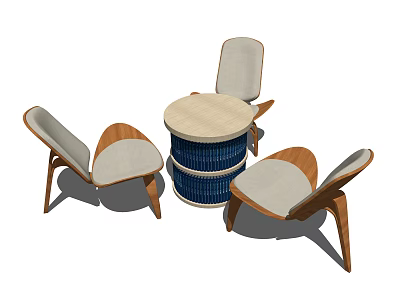 Modern Round Table and Chair Set With Woven Blue Base Light Top And Wooden Legs 3d model