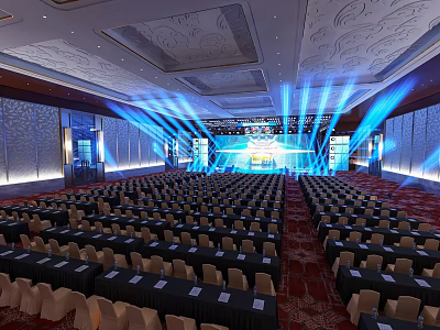 Spacious Conference Hall Setup With Rows Of Seats Stage Screen And Lighting 3d model