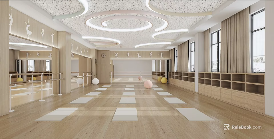 Spacious Yoga Studio With Wooden Floor Neatly Arranged White Yoga Mats Circular Lights And Mirrors 3d model 
