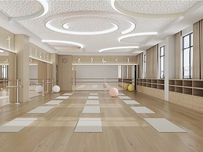 Spacious Yoga Studio With Wooden Floor Neatly Arranged White Yoga Mats Circular Lights And Mirrors 3d model