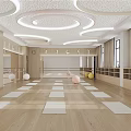 Spacious Yoga Studio With Wooden Floor Neatly Arranged White Yoga Mats Circular Lights And Mirrors