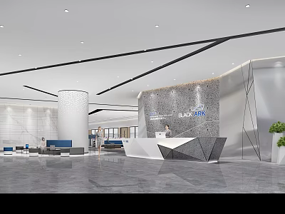 Modern Front Desk Reception Area With Geometric Design And Marble Counter 3d model