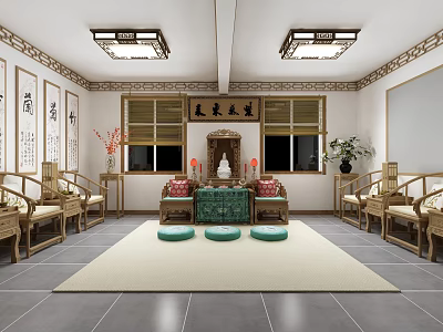 Traditional Chinese Religious Belief Interior With Calligraphy Scrolls Altar Table And Incense Burner 3d model