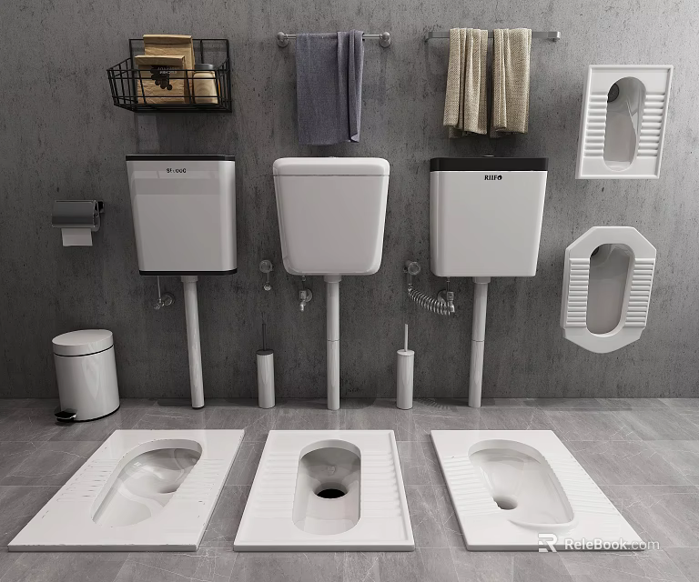 Three White Squat Toilets With Tanks In Modern Bathroom With Towel Racks 3d model 