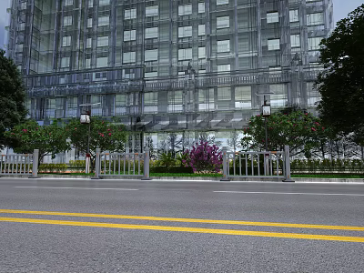 Urban Municipal Road With High Rise Buildings Trees Street Lamps Green Belt And White Railings 3d model