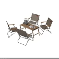 Wooden Outdoor Table with Four Canvas Chairs Kettle and Book on Patio