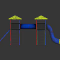 Children's Playground Equipment With Two Yellow Roofs Blue Slides And Colorful Ladders