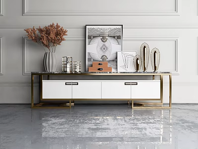 Modern Elegant TV Stand With White Cabinets Gold Frame Dried Flowers And Decorative Artworks 3d model