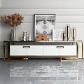Modern Elegant TV Stand With White Cabinets Gold Frame Dried Flowers And Decorative Artworks