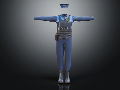 Blue Police Uniform With POLITIA Label Cap Utility Belt And Boots 3d model