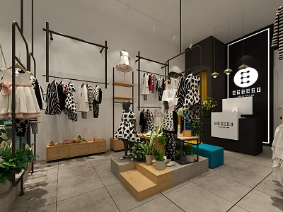 Stylish Clothing Store Interior with Hanging Clothes Display Racks and Green Plants 3d model
