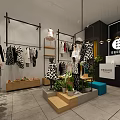 Stylish Clothing Store Interior with Hanging Clothes Display Racks and Green Plants