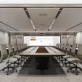 Modern Conference Room With Long Wooden Table Wheeled Chairs And Large Screen
