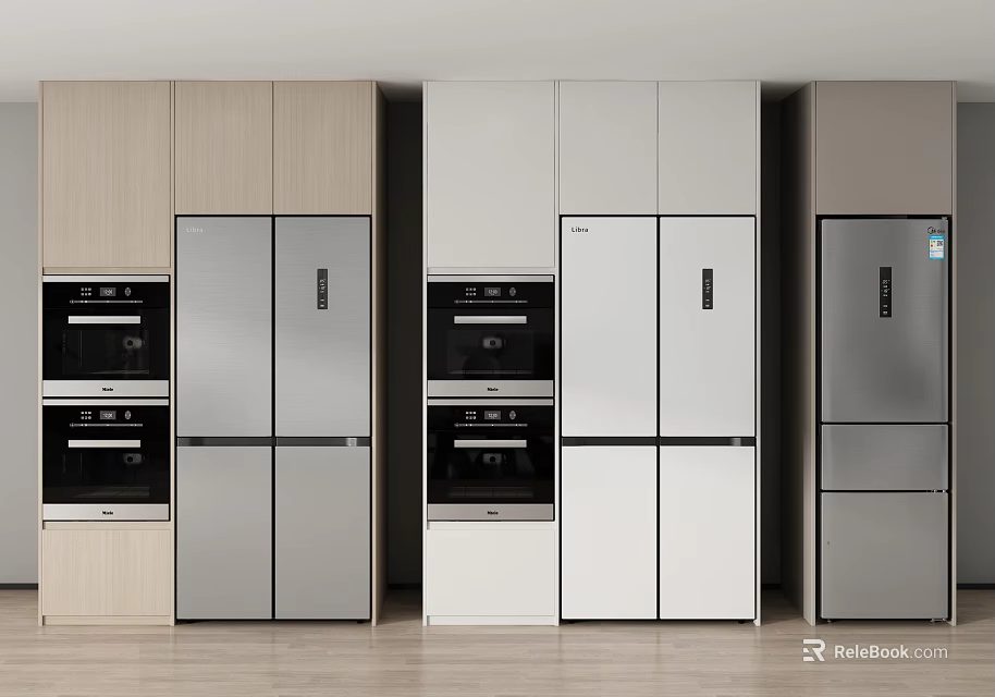 Modern Kitchen Interior With Different Color Refrigerators And Built In Ovens 3d model 