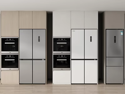 Modern Kitchen Interior With Different Color Refrigerators And Built In Ovens 3d model