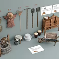 Traditional Hardware Tools Collection With Rake Shovel Wheelbarrow Stone Mill And Buckets