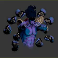 Mythical Blue Armored Creature With Multiple Glowing Arms And Gold Accents