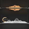 Chandeliers with Wooden Mountain Shaped Structure Crescent Moon Flying Birds and Mountain Line Design on Black Background