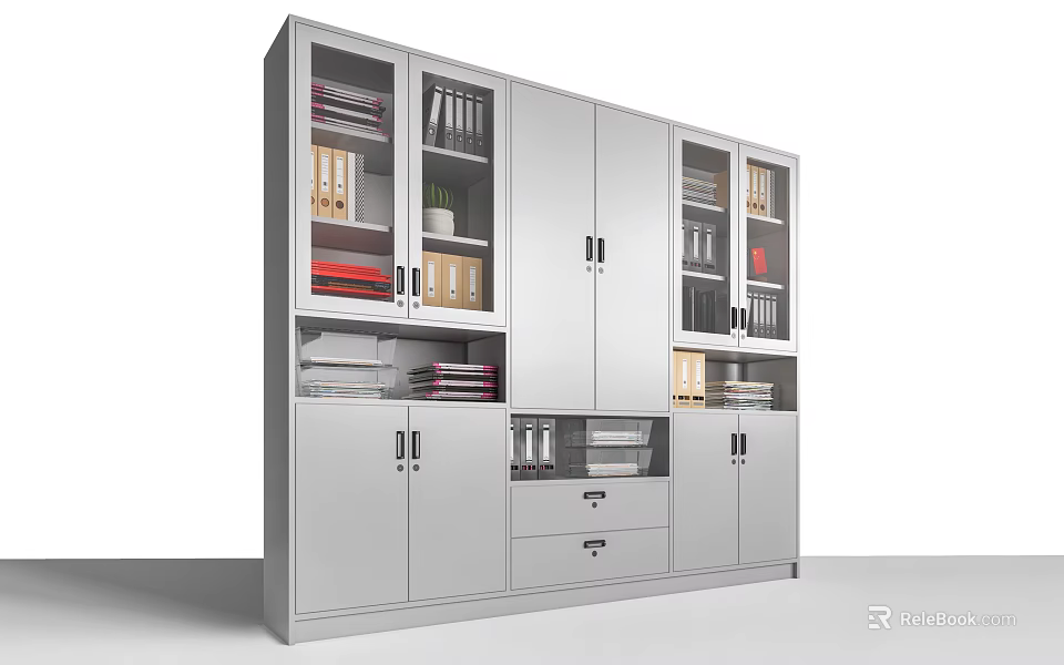 Modern Metal Storage Cabinet With Glass Doors Open Shelves Drawers Books And Plants 3d model 