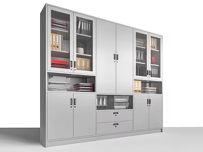 Modern Metal Storage Cabinet With Glass Doors Open Shelves Drawers Books And Plants 3d model