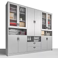 Modern Metal Storage Cabinet With Glass Doors Open Shelves Drawers Books And Plants