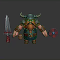 Cartoon Viking Warrior Character With Horned Helmet Red Beard Sword Shield And Barrel