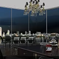 Modern Bar Interior With Large Windows City Skyline View And Chandelier Seating
