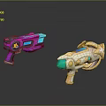 Two Colorful Futuristic Weapons Featuring Vibrant Pink Blue And Gold Accents