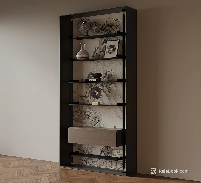 Modern Black Wooden Shelf Unit With Decorative Vases And Photo Frames In Living Room Interior 3d model 