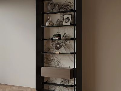 Modern Black Wooden Shelf Unit With Decorative Vases And Photo Frames In Living Room Interior 3d model