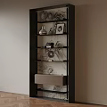 Modern Black Wooden Shelf Unit With Decorative Vases And Photo Frames In Living Room Interior