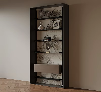 Modern Black Wooden Shelf Unit With Decorative Vases And Photo Frames In Living Room Interior 3d model