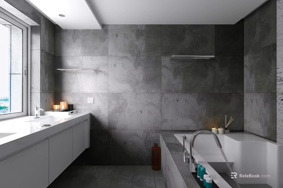Modern Minimalist Grey Tiled Bathroom Interior With Sleek White Vanity And Freestanding Soaking Bathtub 3d model 
