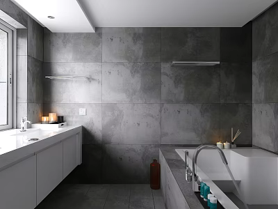 Modern Minimalist Grey Tiled Bathroom Interior With Sleek White Vanity And Freestanding Soaking Bathtub 3d model
