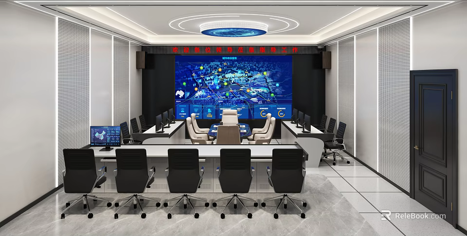 Modern Monitoring Room With Large Screen Multiple Computers And Conference Chairs 3d model 