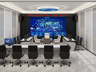 Modern Monitoring Room With Large Screen Multiple Computers And Conference Chairs 3d model