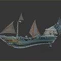 Decorative Fantasy Ship Model With Orange Deck Blue Hull And Ornate Tower