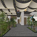 Elegant Hotpot Restaurant Interior With Ceiling Lights Green Plants And Stone Pathway