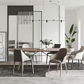 Modern Restaurant Interior With Wooden Dining Table Beige Chairs Abstract Artwork And Pendant Lights