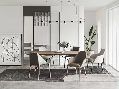 Modern Restaurant Interior With Wooden Dining Table Beige Chairs Abstract Artwork And Pendant Lights 3d model