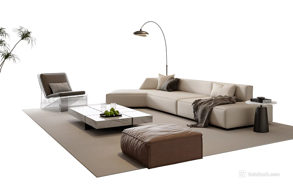 Modern Beige L Shaped Sofa and Coffee Table Set with Brown Ottoman and Floor Lamp 3d model 